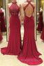 Burgundy high neck lace mermaid long prom dress, lace evening dress