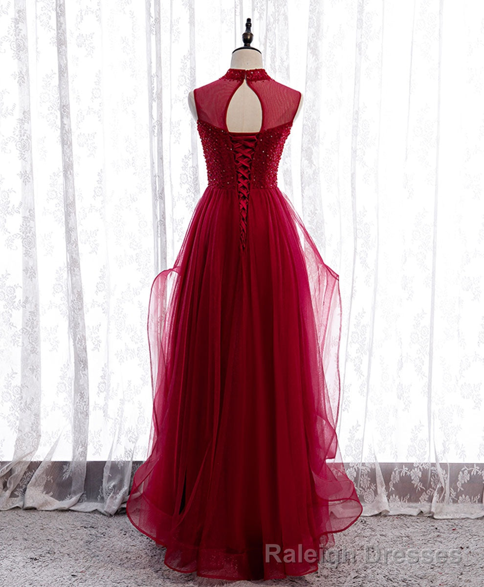 Burgundy High Neck Tulle Sequin Beads Long Evening Dresses Secondary image