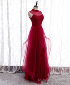 Burgundy High Neck Tulle Sequin Beads Long Evening Dresses