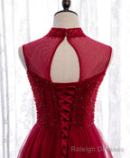 Burgundy High Neck Tulle Sequin Beads Long Evening Dresses