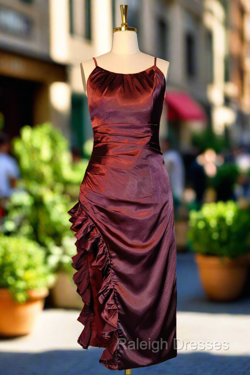 Burgundy Homecoming Dresses Vintage Backless Ruffle Asymmetrical Midi Length Party Dress