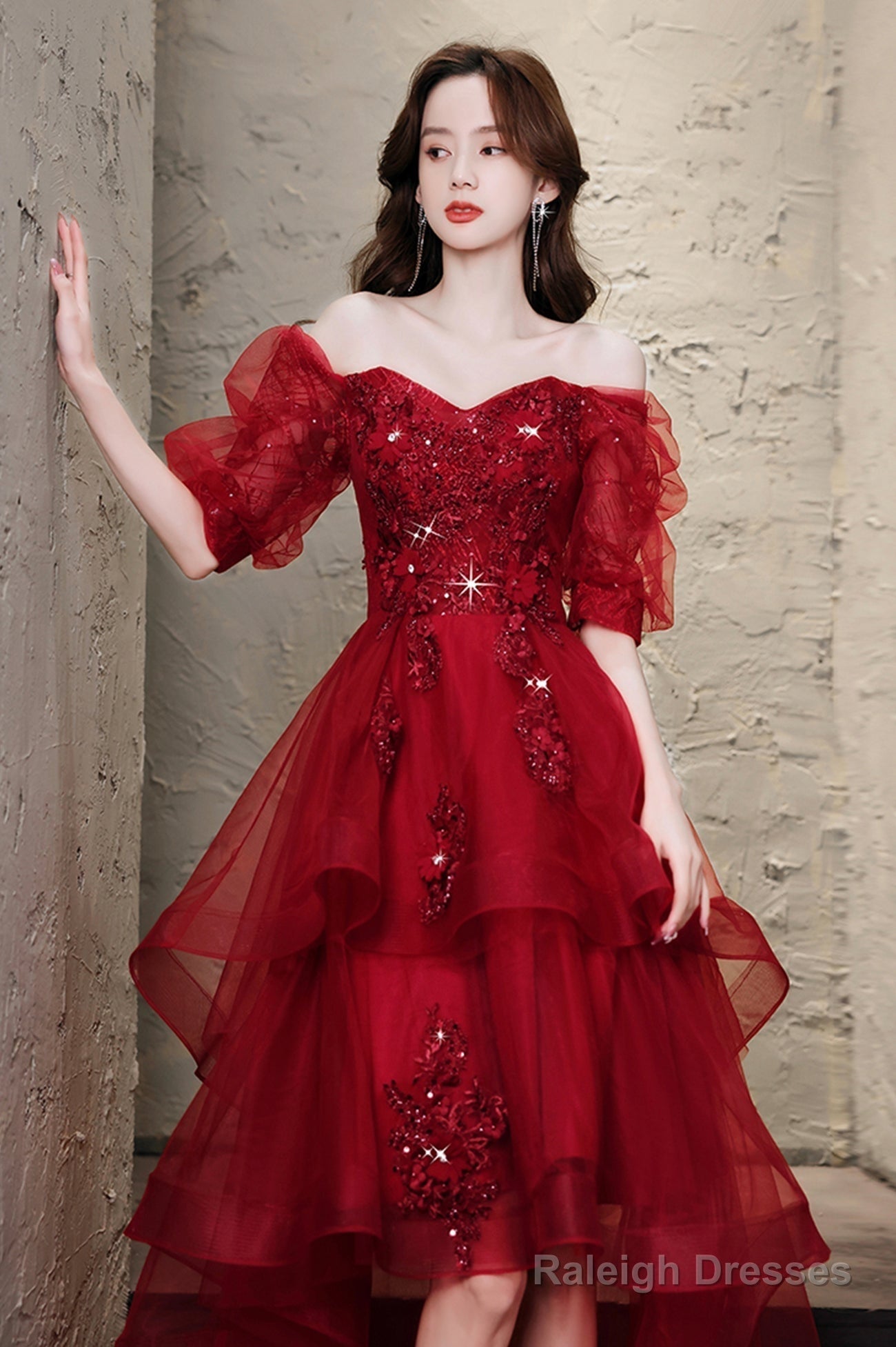 Burgundy Lace High Low Prom Dresses A-Line 1/2 Sleeve Prom Dresses