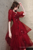 Burgundy Lace High Low Prom Dresses A-Line 1/2 Sleeve Prom Dresses