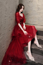 Burgundy Lace High Low Prom Dresses A-Line 1/2 Sleeve Prom Dresses