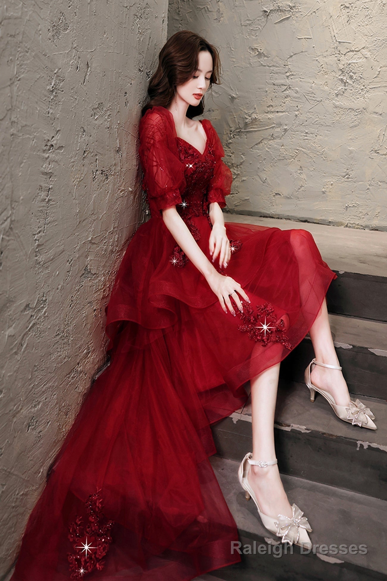 Burgundy Lace High Low Prom Dresses A-Line 1/2 Sleeve Prom Dresses
