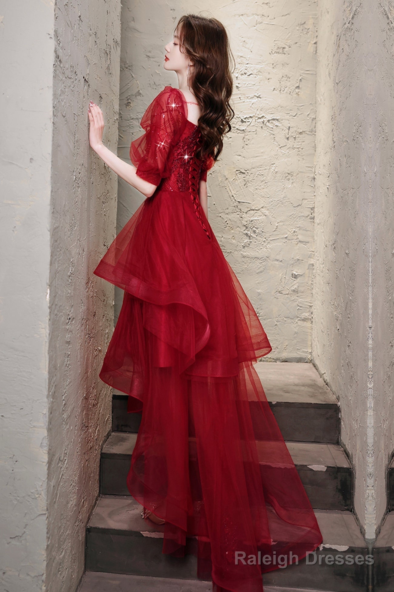 Burgundy Lace High Low Prom Dress, A-Line 1/2 Sleeve Evening Party Dress