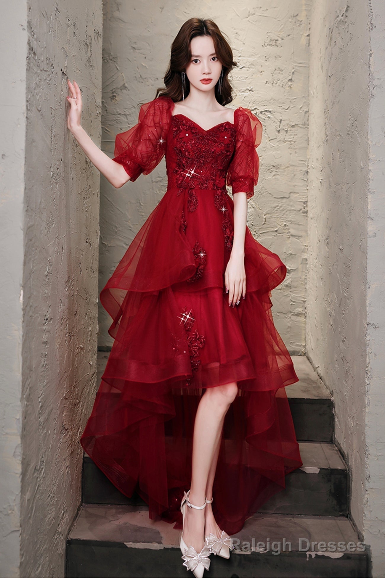 Burgundy Lace High Low Prom Dress, A-Line 1/2 Sleeve Evening Party Dress Main image