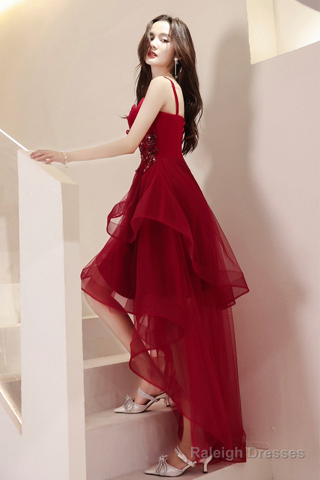 Burgundy Lace High-Low Prom Dress, Lovely Homecoming Party Dress