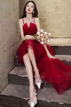 Burgundy Lace High-Low Prom Dress, Lovely Homecoming Party Dress