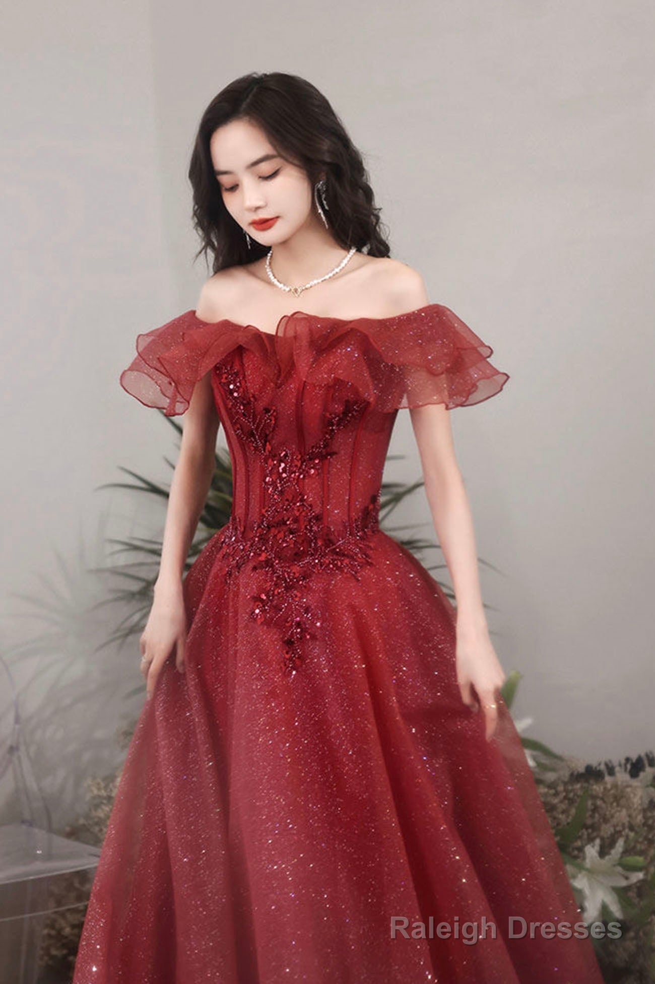 Burgundy Lace Long A-Line Prom Dress, Off The Shoulder Evening Party Dress Secondary image