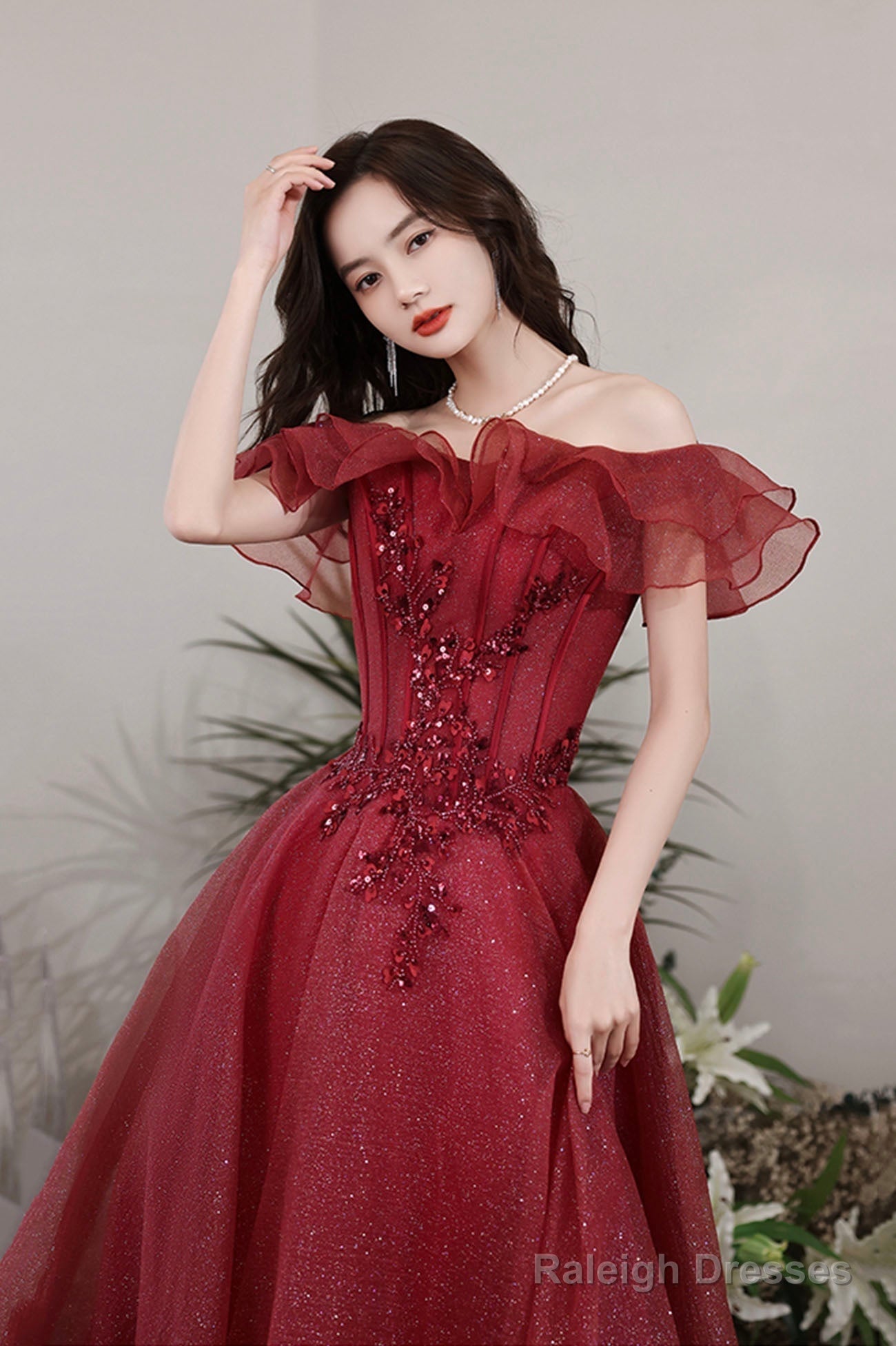 Burgundy Lace Long A-Line Prom Dress, Off The Shoulder Evening Party Dress