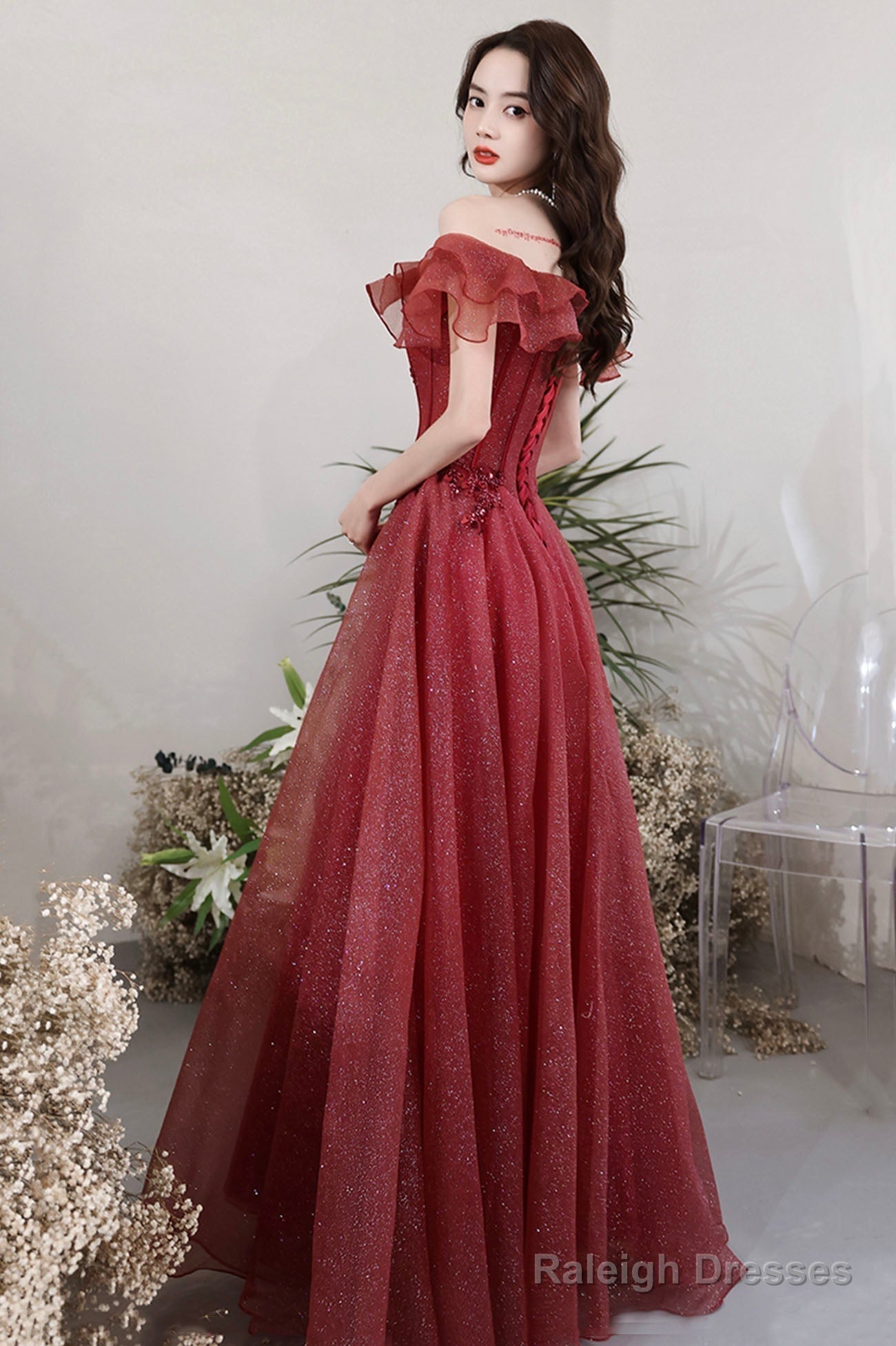 Burgundy Lace Long A-Line Prom Dress, Off The Shoulder Evening Party Dress