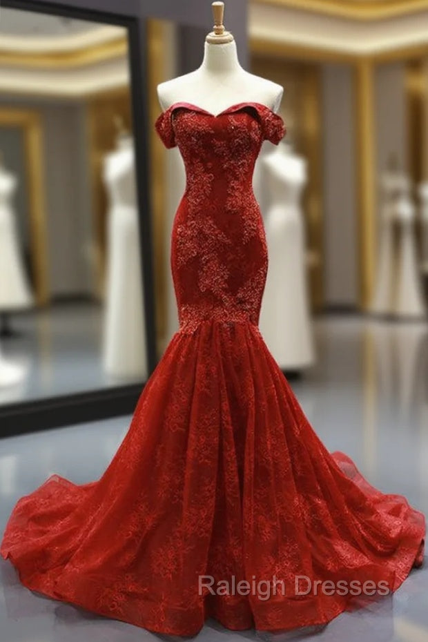 Burgundy Lace Mermaid Off The Shoulder Prom Dress With Beading Main image