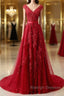 Burgundy Lace Prom Dresses with Train, Wine Red Lace Formal Evening Dresses
