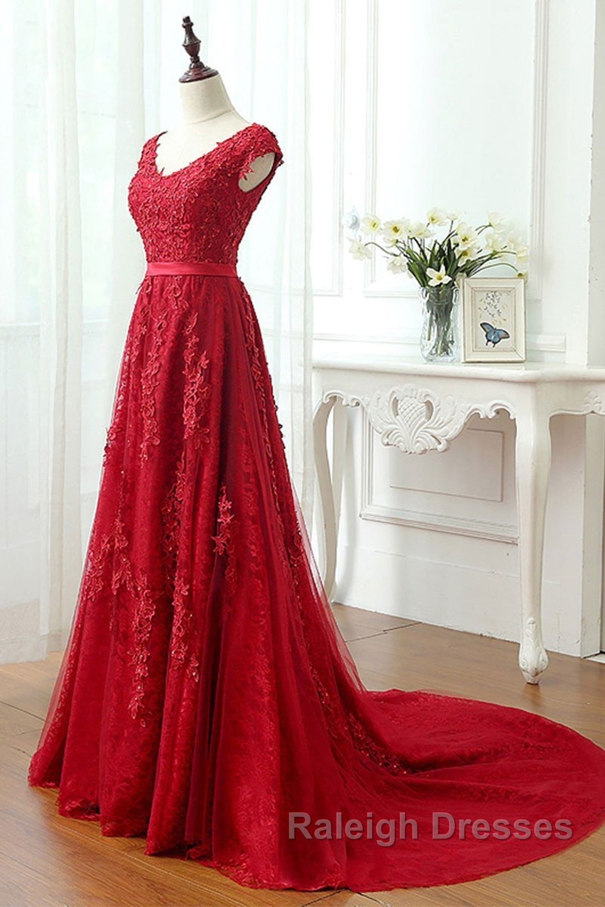Burgundy Lace Prom Dresses with Train, Wine Red Lace Formal Evening Dresses Secondary image