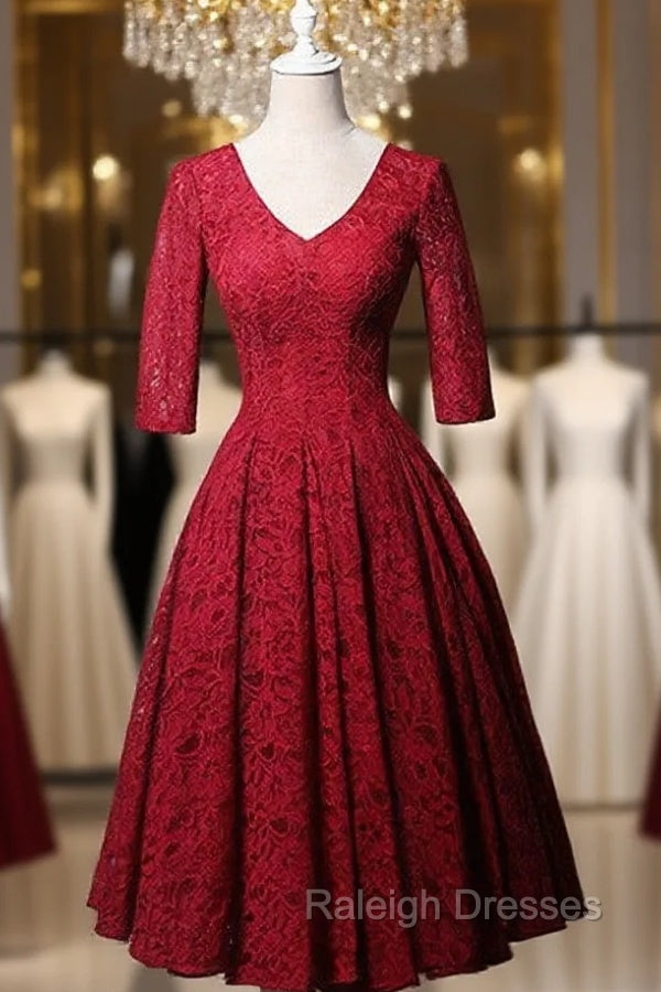 Burgundy Lace Short Sleeve V Neck Short Prom Dress Main image