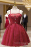 Burgundy Lace Spaghetti Straps Homecoming Dress