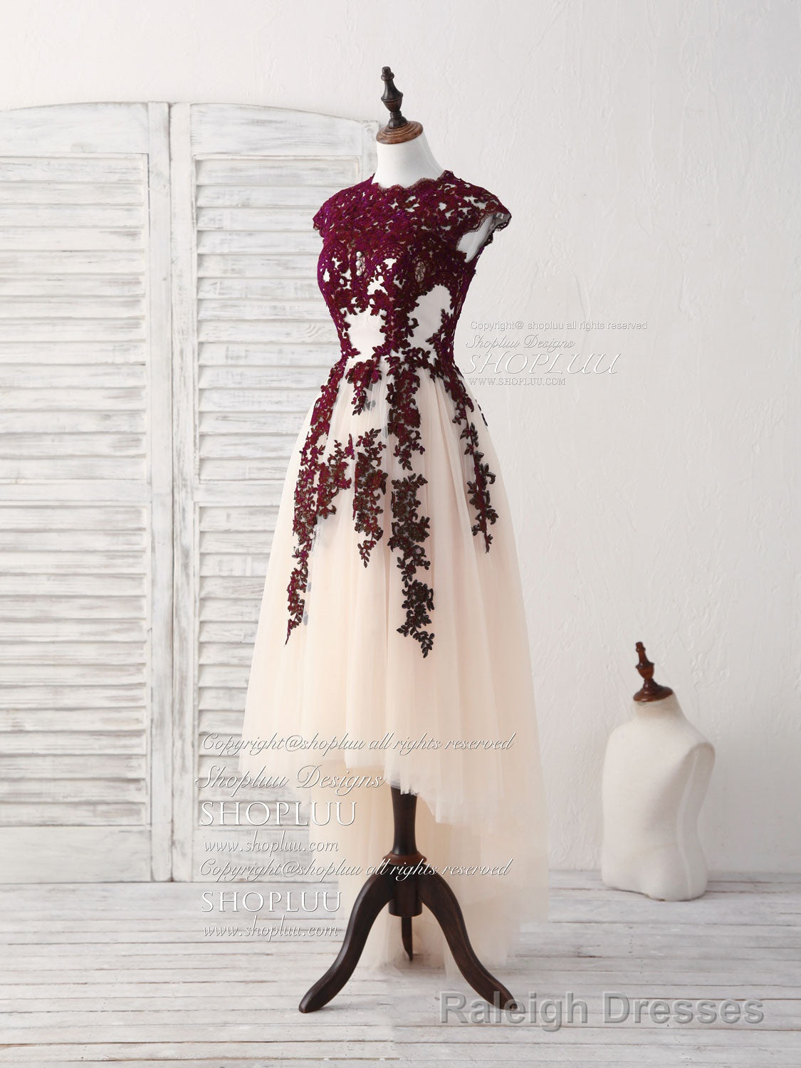 Burgundy Lace Tulle High Low Prom Dress Burgundy Bridesmaid Dress Main image