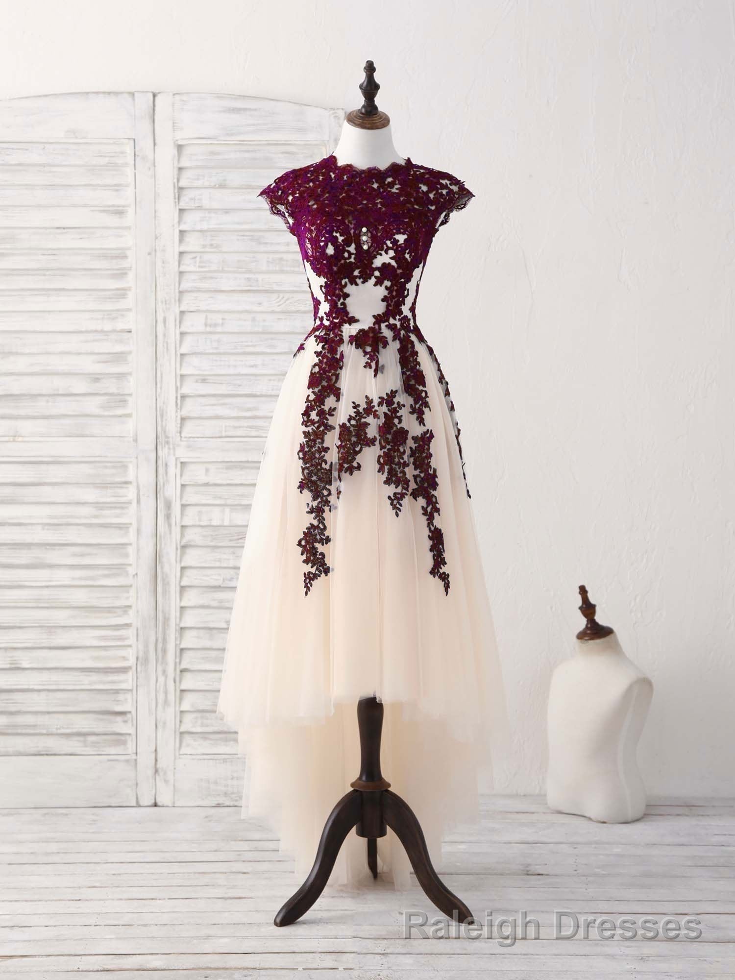 Burgundy Lace Tulle High Low Prom Dress Burgundy Bridesmaid Dress Secondary image