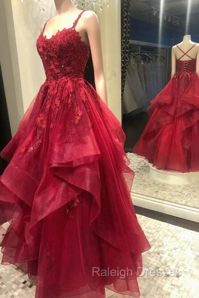 Burgundy Lace Tulle Layers Long Prom Dress, A-Line Evening Party Dress