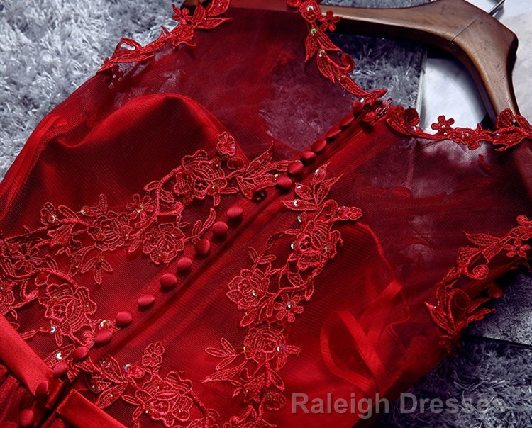 Burgundy Lace Tulle Short Prom Dress, Lace Homecoming Dresses