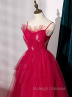 Burgundy Layered Tulle Long Prom Dresses, Wine Red Long Formal Prom Dresses