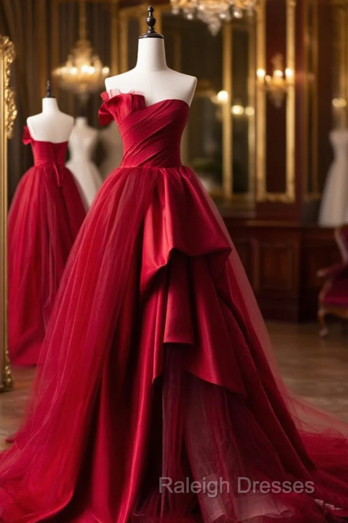 Burgundy Long Prom Dresses, Burgundy Satin Formal Long Evening Dress Main image