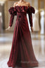 Burgundy Long Sleeve Pleats Prom Dress
