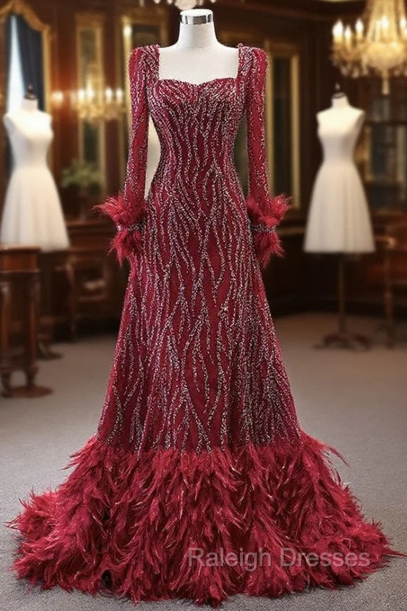 Burgundy Long Sleeve Square Beading Prom Dress Main image