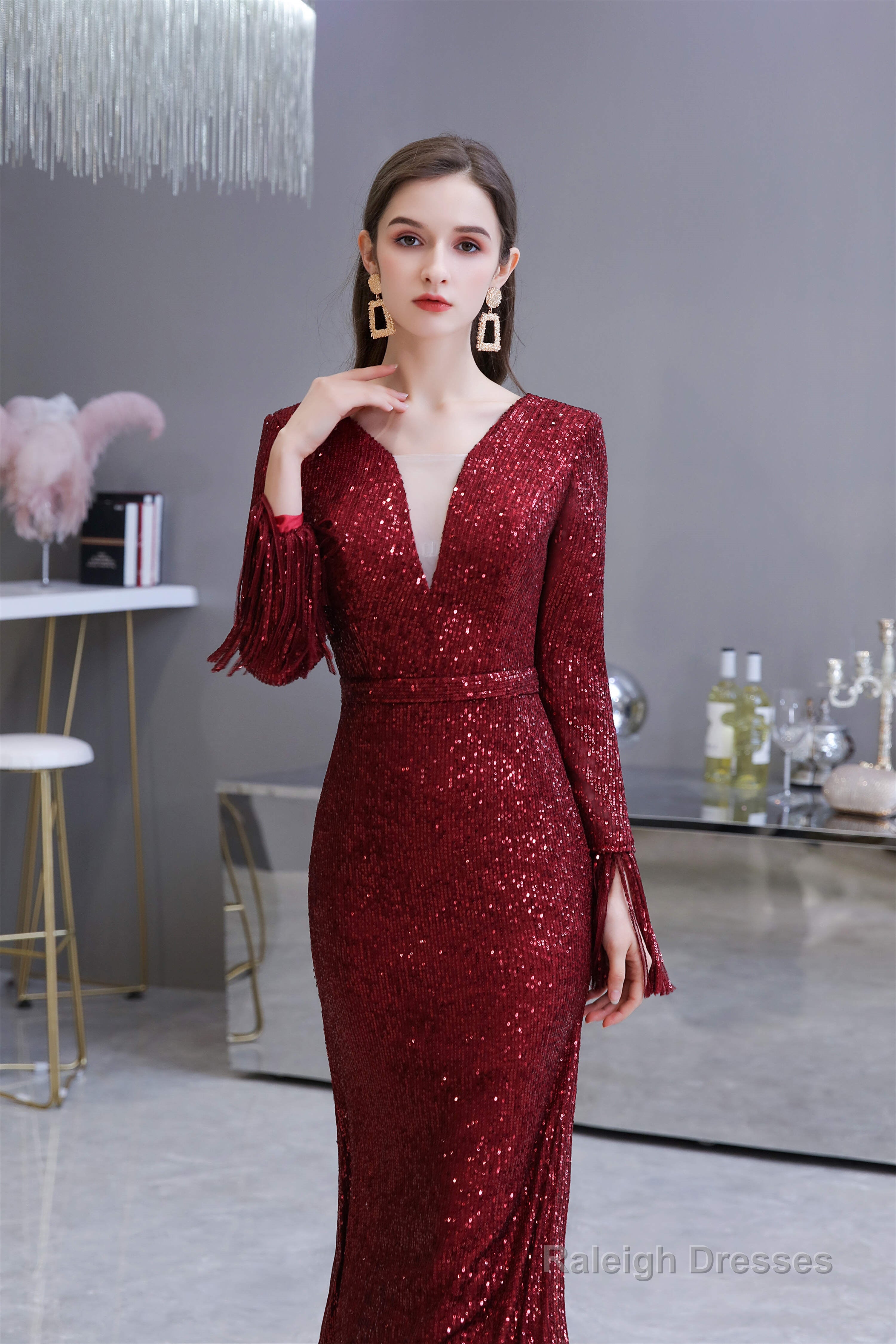 Long Sleeve V Neck Floor Length Crystal Beaded Sequins Mermaid Prom Dresses Secondary image