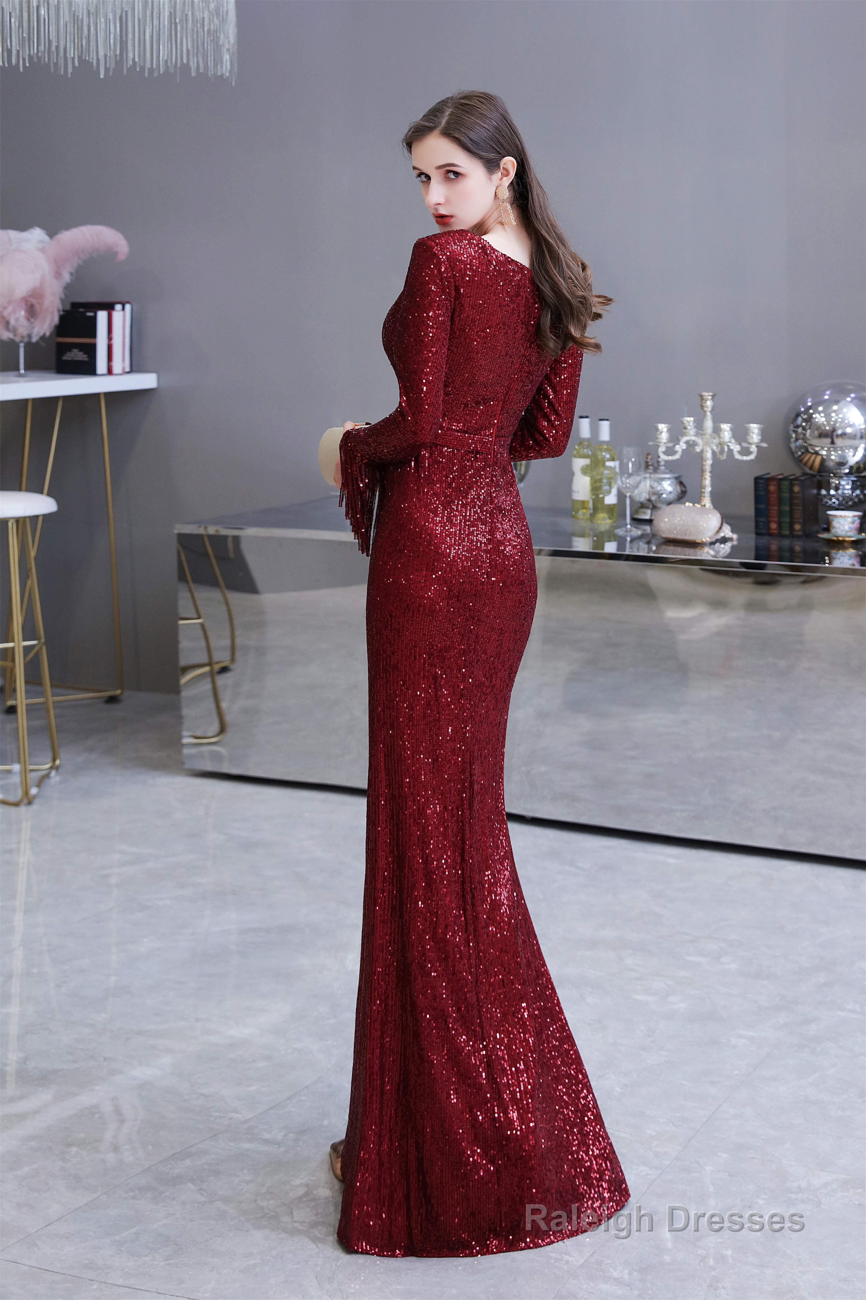 Long Sleeve V Neck Floor Length Crystal Beaded Sequins Mermaid Prom Dresses
