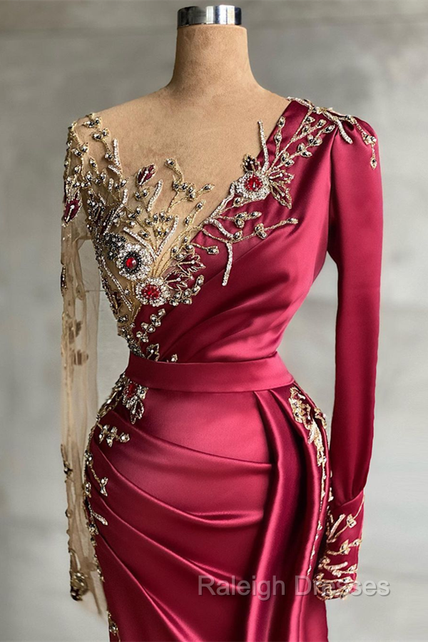 Burgundy Long Sleeves Mermaid Prom Dress With Beadings Secondary image