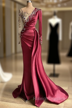 Burgundy Long Sleeves Mermaid Prom Dress With Beadings