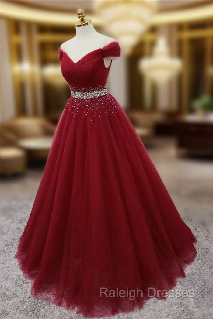 Burgundy Long Tulle Off Shoulder Prom Dress , Junior Prom Dresses Main image