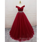 Burgundy Long Tulle Off Shoulder Prom Dress , Junior Prom Dresses