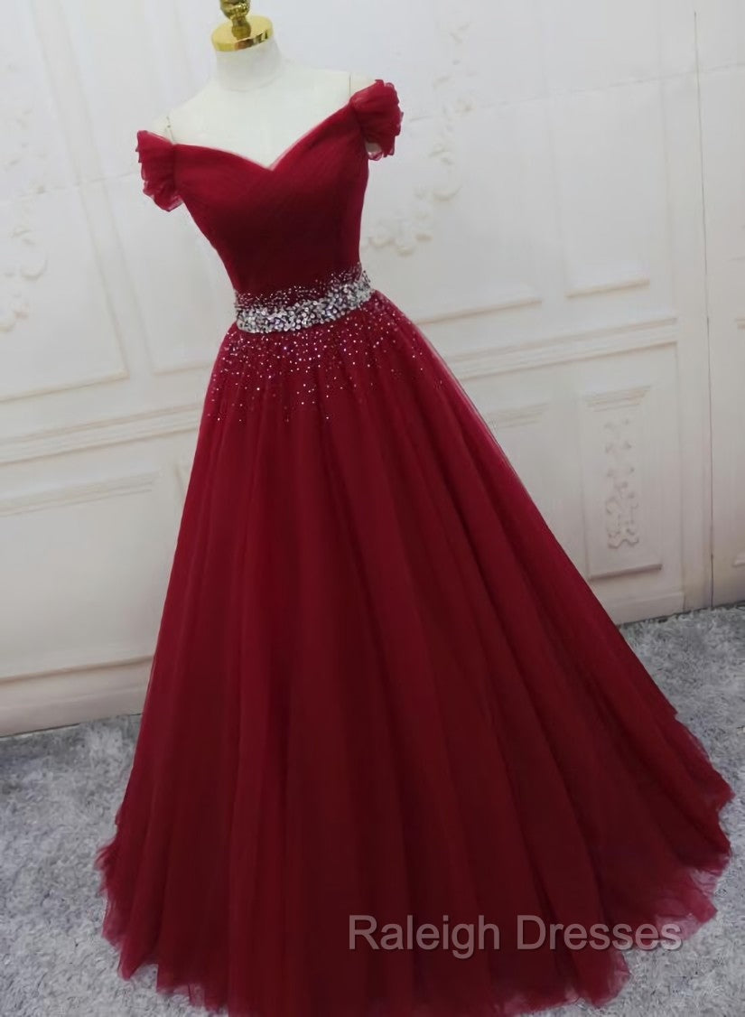 Burgundy Long Tulle Off Shoulder Prom Dresses Junior Prom Dress Secondary image
