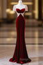 Burgundy Memraid Velvet Short Sleeve Beading Prom Dress