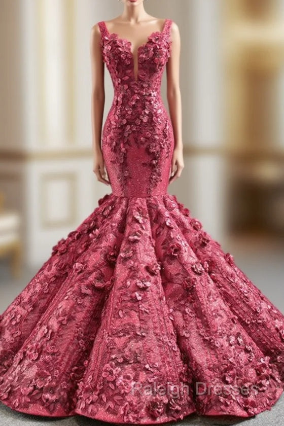 Burgundy Mermaid 3D Appliques Beading Straps Prom Dress Main image