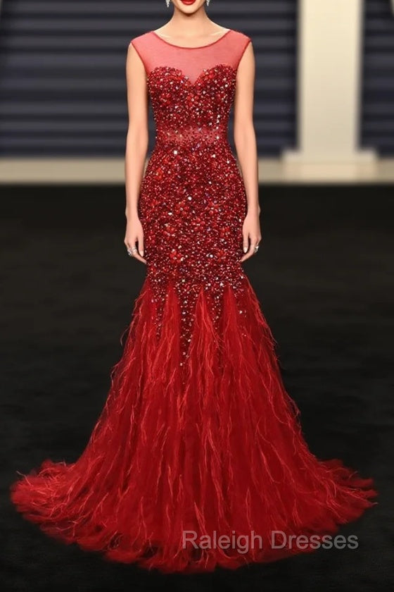 Burgundy Mermaid Beading Sequins Feather Prom Dress