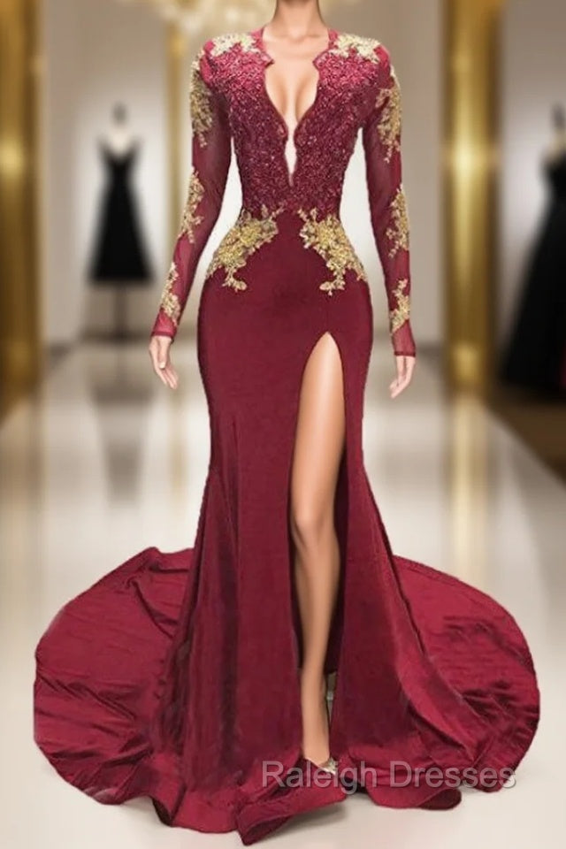 Burgundy Mermaid Deep V Neck Long Sleeve Backless Prom Dress Main image