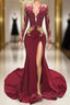 Burgundy Mermaid Deep V Neck Long Sleeve Backless Prom Dress