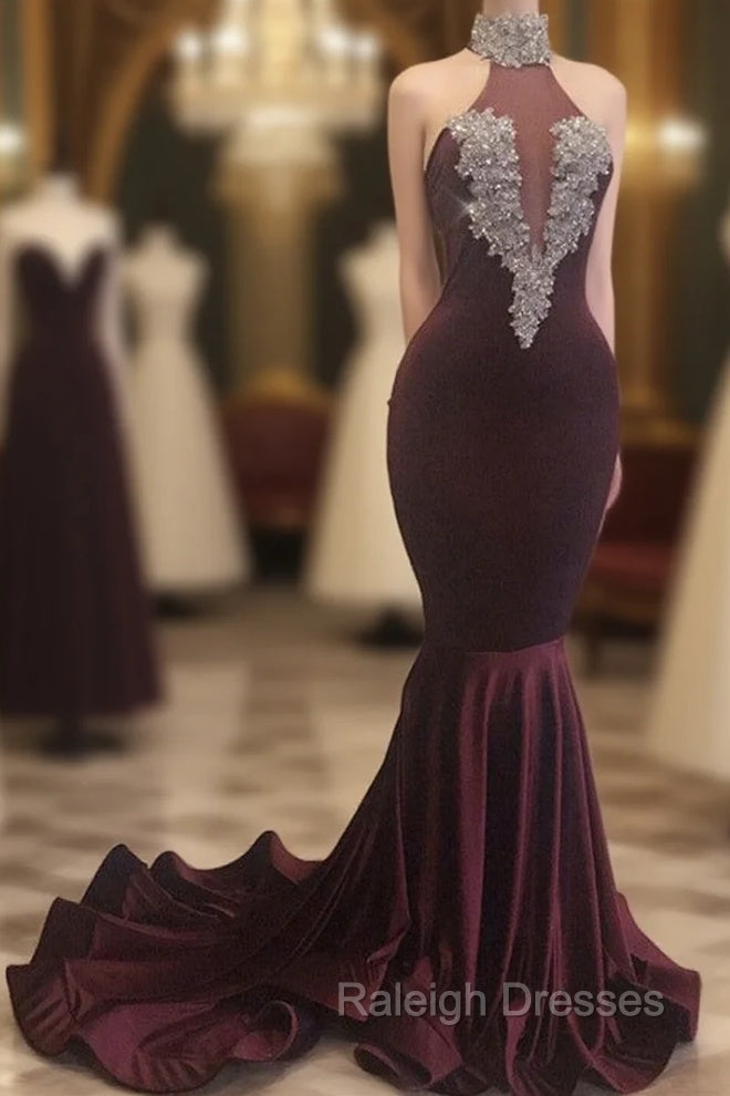 Burgundy Mermaid High Neck Velvet Prom Dresses