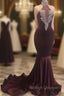 Burgundy Mermaid High Neck Velvet Prom Dresses