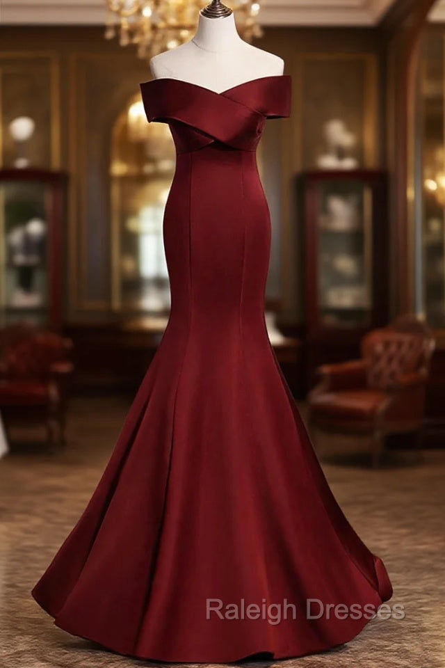 Burgundy Mermaid Long Prom Dress, Off the Shoulder V Neck Formal Prom Dress