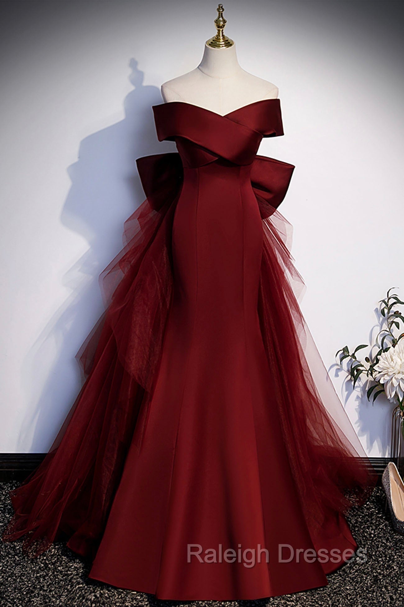 Burgundy Mermaid Long Prom Dress, Off the Shoulder V-Neck Formal Evening Dress Main image