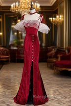 Burgundy Mermaid Long Prom Dress, Velvet Long Formal Dresses