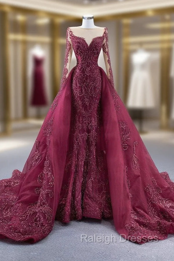 Burgundy Mermaid Long Sleeve Handwork Beading Prom Dress Main image