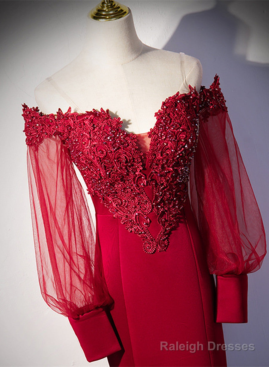 Burgundy Mermaid Long Sleeves Spandex With Lace Prom Dress, Burgundy Wedding Party Dress Secondary image