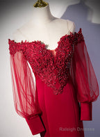 Burgundy Mermaid Long Sleeves Spandex With Lace Prom Dresses Burgundy Wedding Prom Dresses