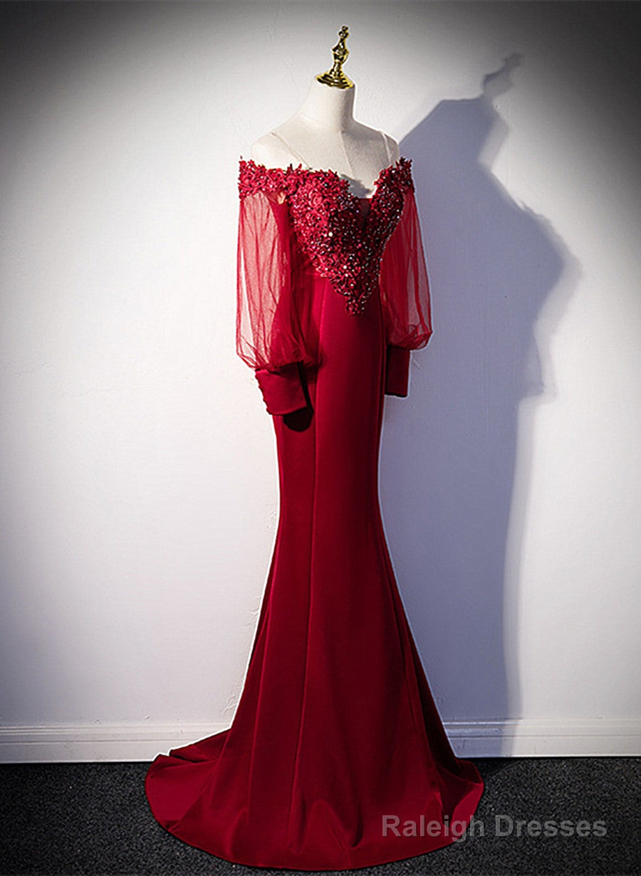 Burgundy Mermaid Long Sleeves Spandex With Lace Prom Dresses Burgundy Wedding Prom Dresses